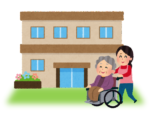 老人ホームで介護を受ける高齢女性と車椅子を押す介護職員