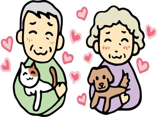 犬と猫を抱く老夫婦の絵